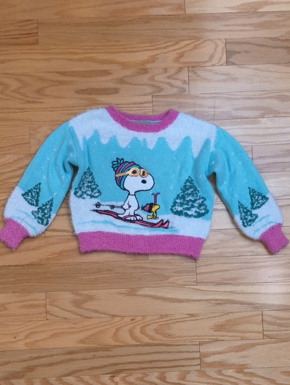 Peanuts Aqua & Pink Girls Snoopy Ski Pullover Sweater Size 6/6x EUC